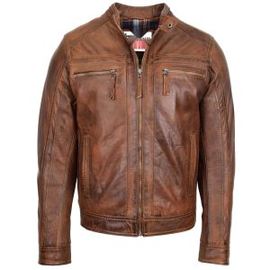 BUNERI Chaqueta de Cuero Charlie Marrón Antiguo Cafe Racer