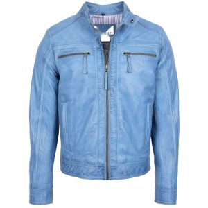 BUNERI Chaqueta Café Racer de Cuero Azul Cielo para Hombre