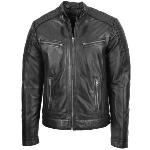 BUNERI Chaqueta Hombre Cuero Cafe Racer Biker Negra