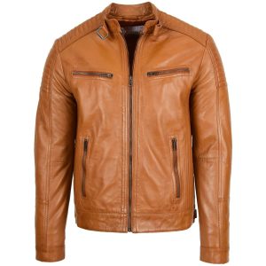BUNERI Chaqueta Hombre Cuero Cafe Racer Tostado