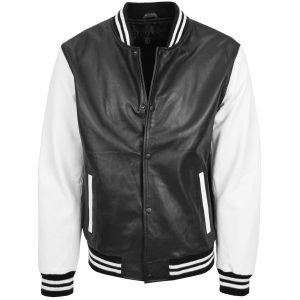 BUNERI Chaqueta de Cuero Estilo Varsity College Boy Negro y Blanco