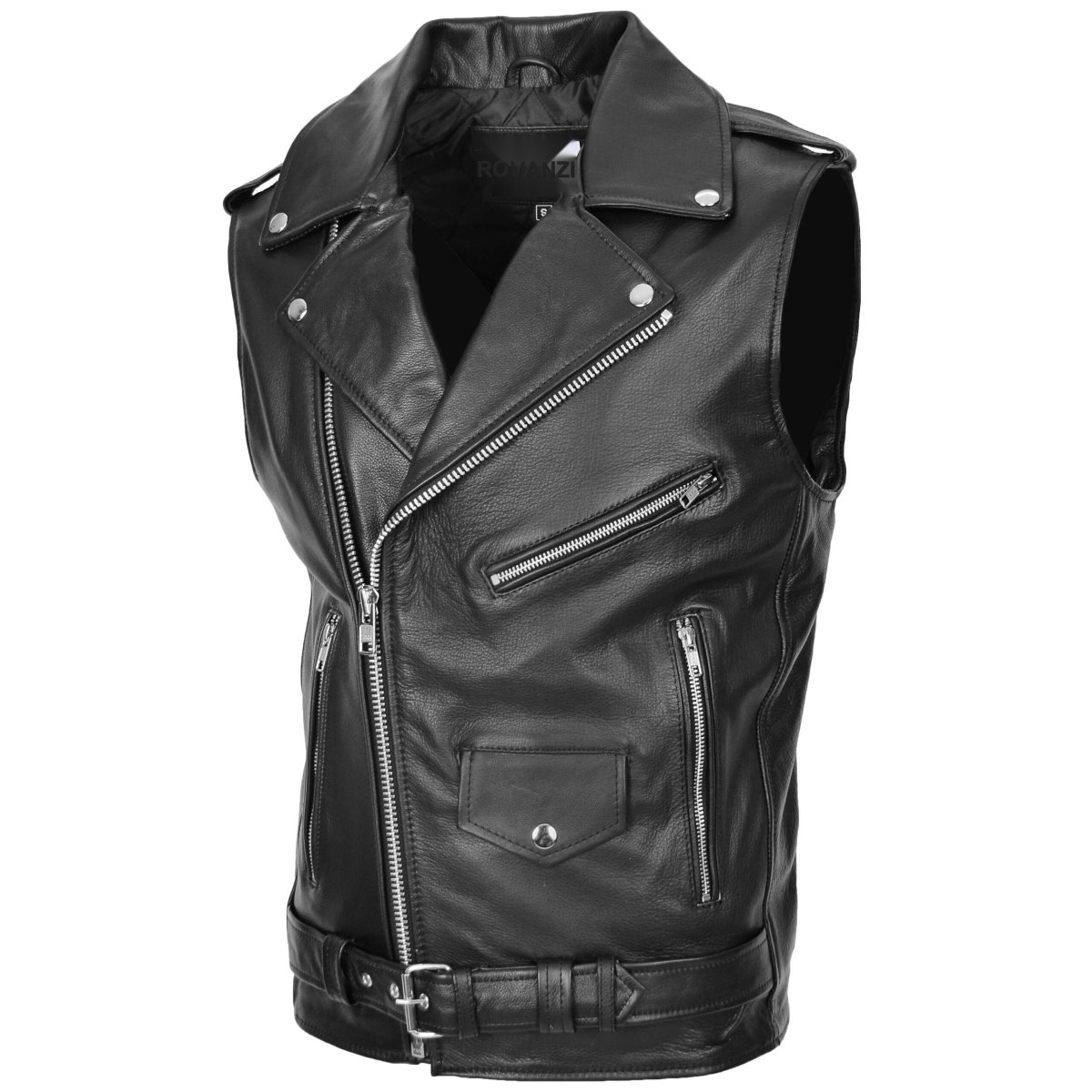 BUNERI Chaleco Hombre Cuero Cremallera Cruzada Biker Brando Negro - Imagen 4