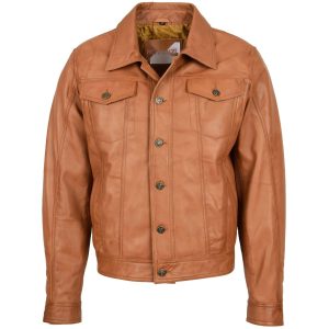 BUNERI Chaqueta de Cuero Casual Estilo Lee Rider Tostado