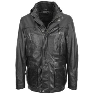 BUNERI Parka de Cuero Logan Negro con Capucha Extraíble