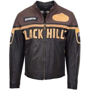 BUNERI Black Hills Chaqueta de Cuero para Hombre Marrón con Parches de Carreras