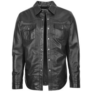 BUNERI Camisa de Cuero Oliver Negra Estilo Trucker Clásico