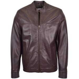BUNERI Chaqueta de Cuero Paul Marrón con Cuello Mao