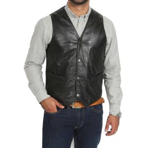 BUNERI Chaleco de Cuero Negro Tradicional para Hombre