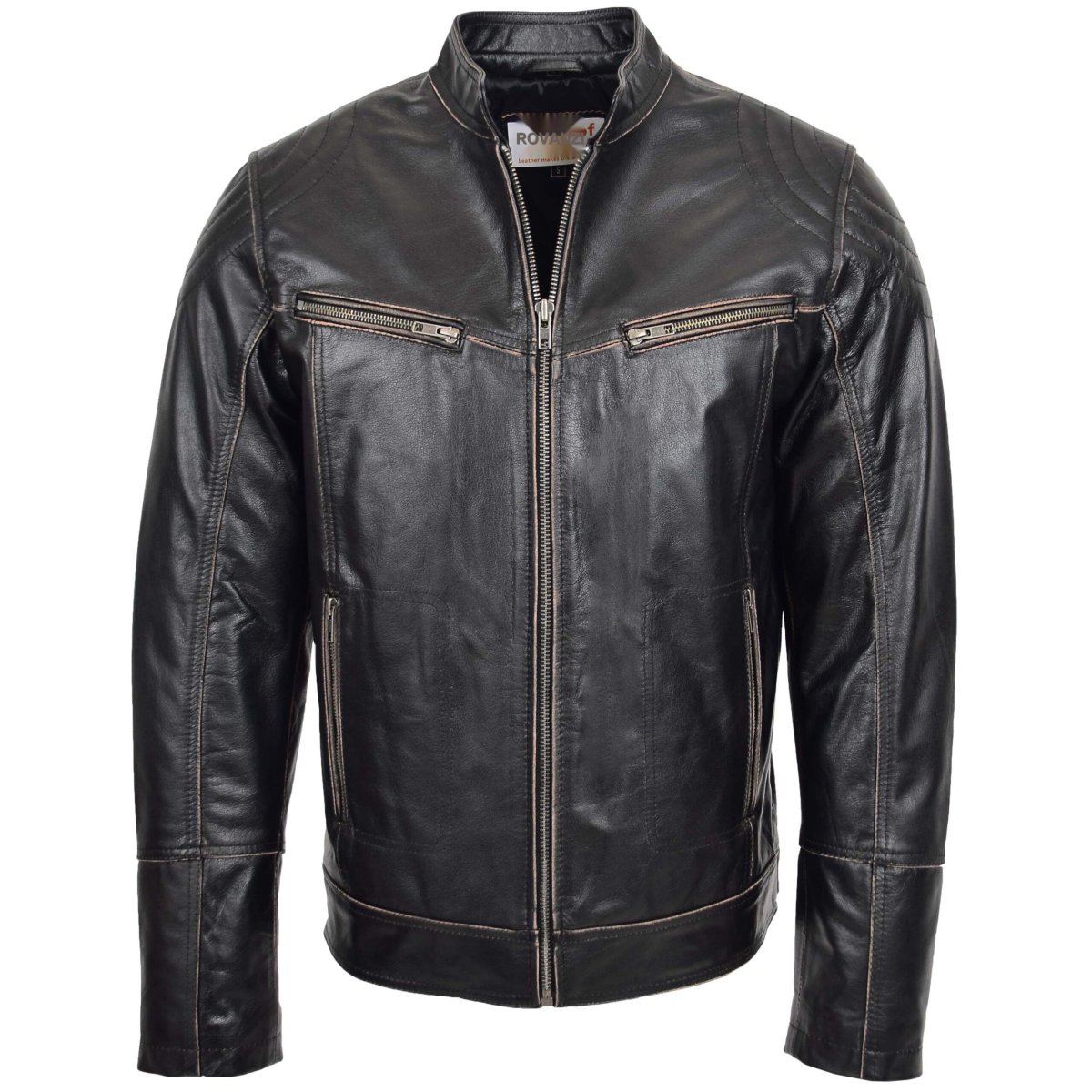 BUNERI Chaqueta Biker de Cuero Vintage para Hombre Marrón Oscuro