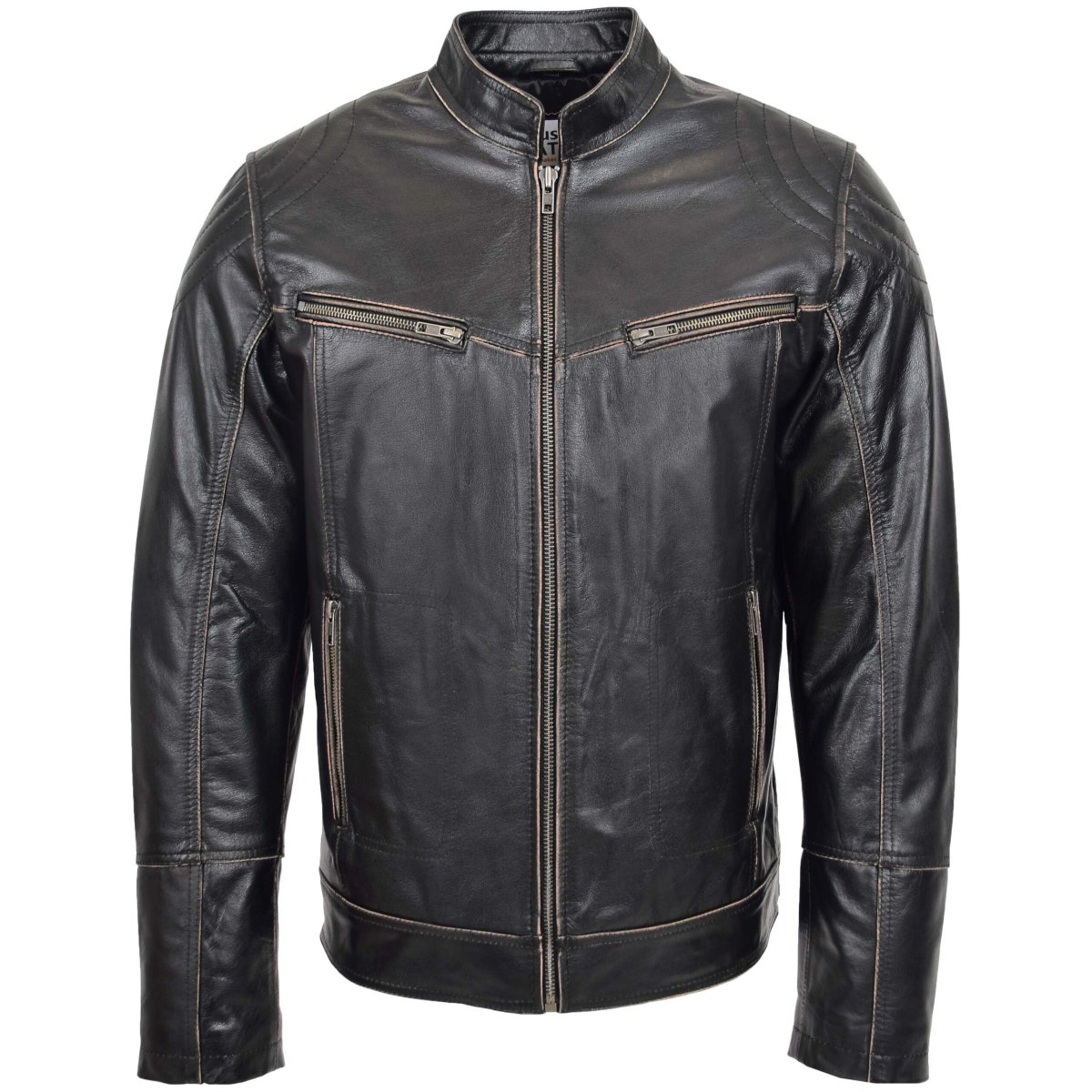 BUNERI Chaqueta Biker de Cuero Vintage para Hombre Marrón Oscuro - Imagen 4