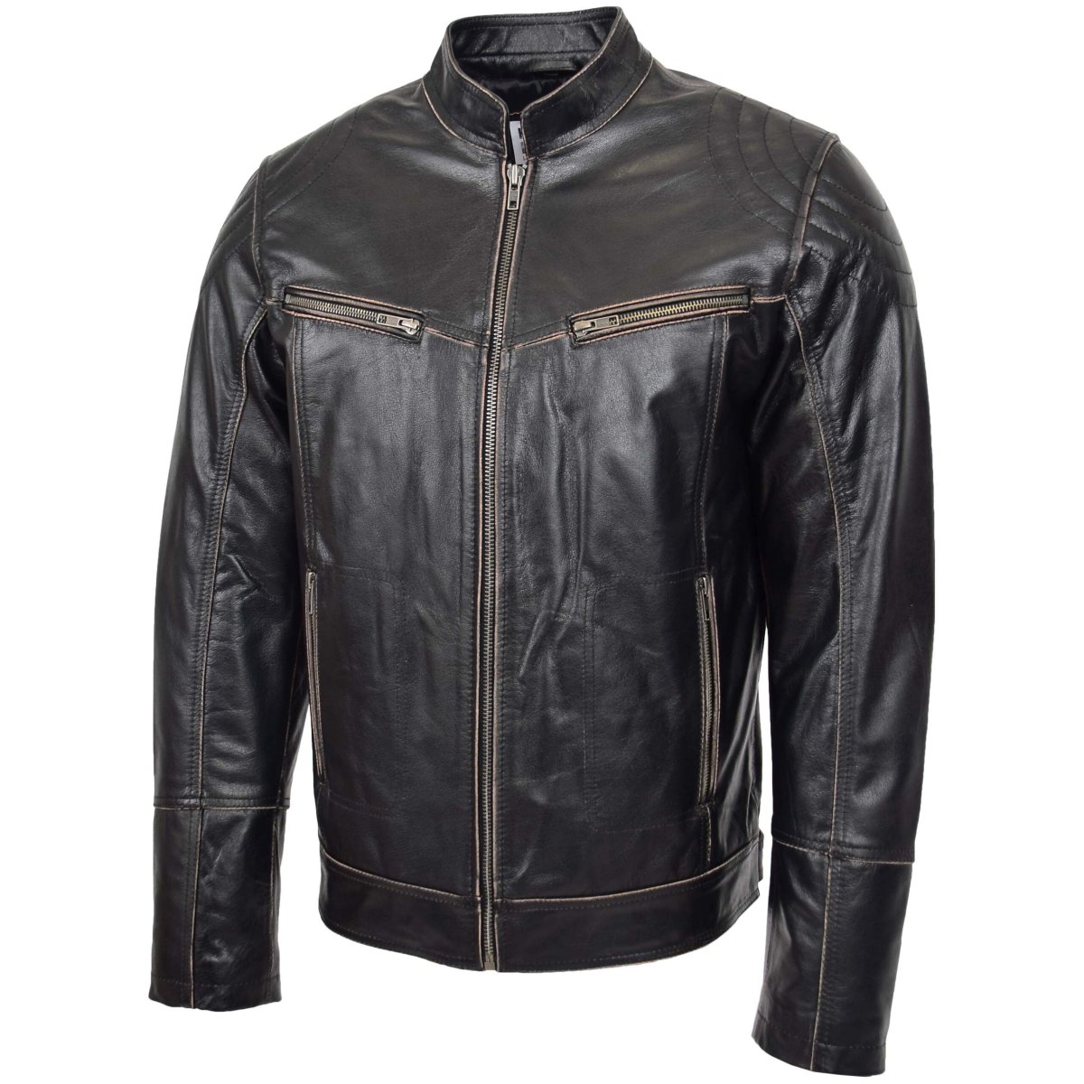 BUNERI Chaqueta Biker de Cuero Vintage para Hombre Marrón Oscuro - Imagen 5
