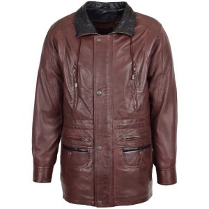 BUNERI Abrigo Tipo Coche de Cuero Natural Marrón para Hombre