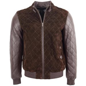 BUNERI Chaqueta Bomber Varsity de Cuero y Ante Marrón para Hombre