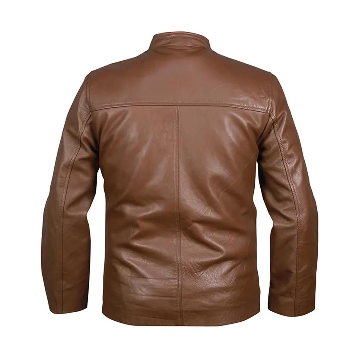 Chaqueta de motorista de cuero genuino marrón claro para hombre, estilo casual. - Imagen 4