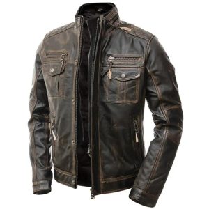 Chaqueta de motociclista estilo café racer para hombre, de cuero genuino marrón envejecido.