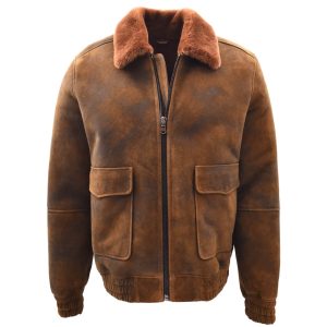 BUNERI Chaqueta Bomber Aviador de 100% Piel de Oveja Auténtica Marrón Jengibre para Hombre