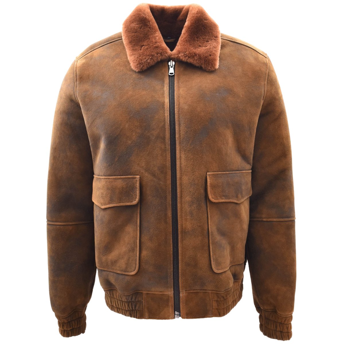 BUNERI Chaqueta Bomber Aviador de 100% Piel de Oveja Auténtica Marrón Jengibre para Hombre - Imagen 5