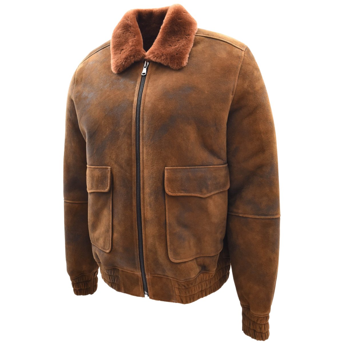 BUNERI Chaqueta Bomber Aviador de 100% Piel de Oveja Auténtica Marrón Jengibre para Hombre - Imagen 8
