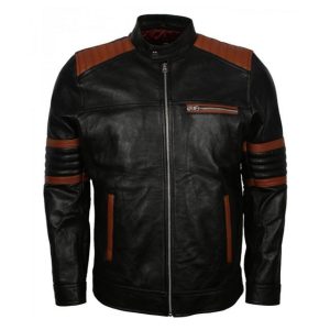 Chaqueta retro acolchada de cuero genuino para hombre, con rayas negras y marrones.