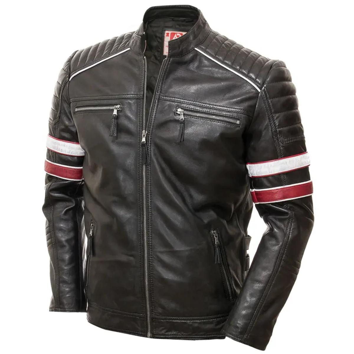 Chaqueta informal para hombre de piel auténtica con rayas estilo motero. - Imagen 6