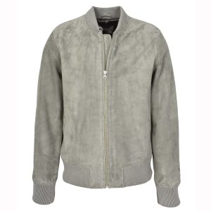 BUNERI Chaqueta Bomber MA-1 Varsity de Ante Real de Cabra Gris para Hombre