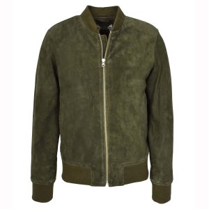 BUNERI Chaqueta Bomber de Ante de Cabra Auténtico Verde Oliva