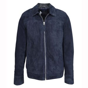 BUNERI Chaqueta de Ante de Cabra Real Estilo Box Zip Clásico para Hombre Marino
