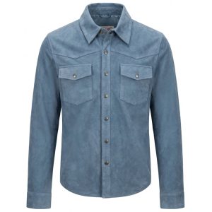 BUNERI Chaqueta Trucker Western de Ante Real de Cabra Azul Denim para Hombre