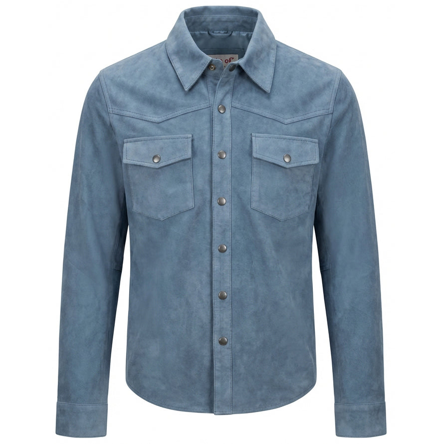 BUNERI Chaqueta Trucker Western de Ante Real de Cabra Azul Denim para Hombre