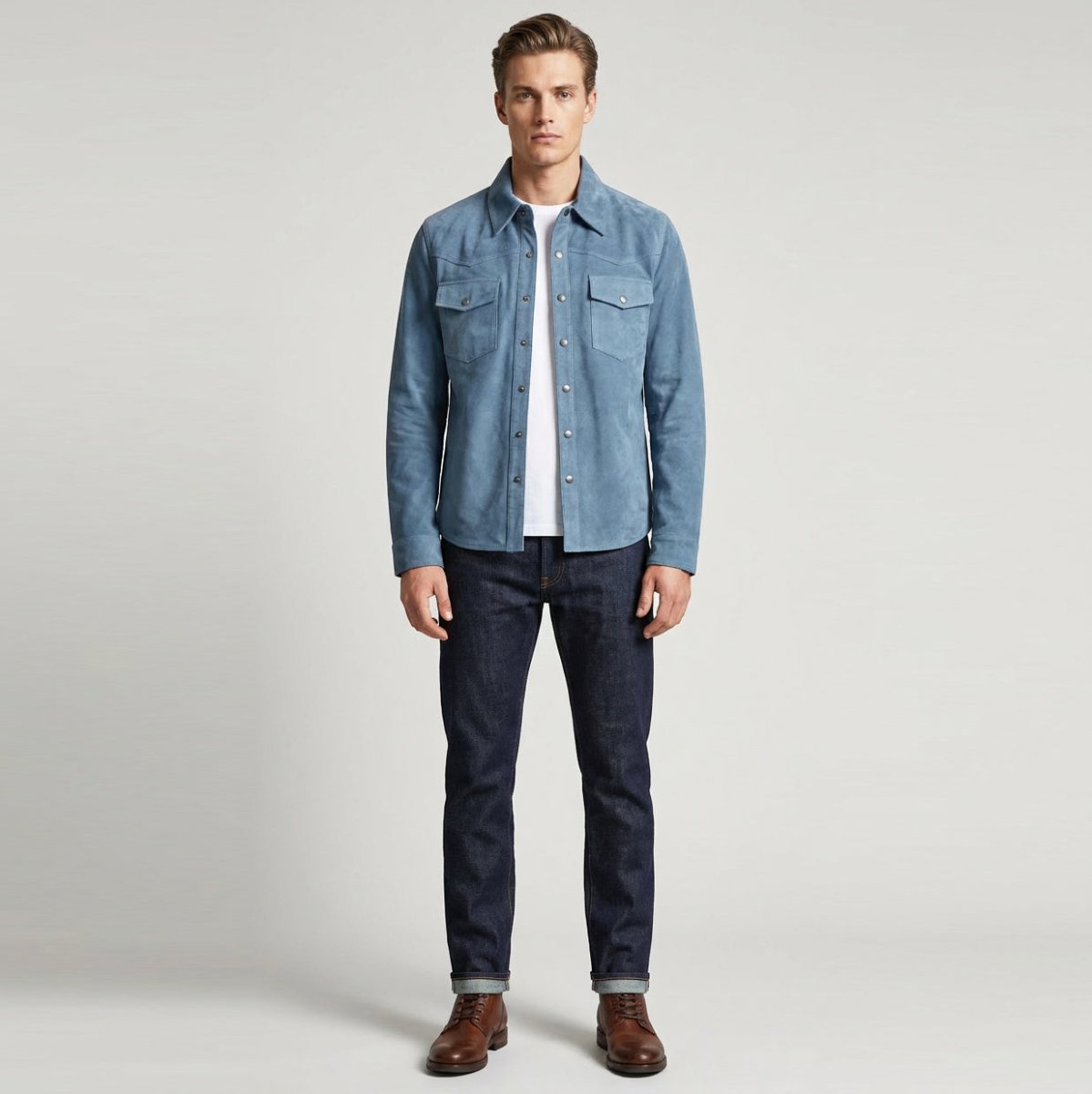 BUNERI Chaqueta Trucker Western de Ante Real de Cabra Azul Denim para Hombre - Imagen 3