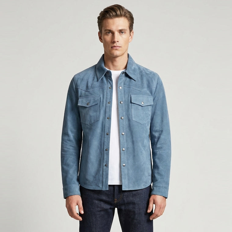BUNERI Chaqueta Trucker Western de Ante Real de Cabra Azul Denim para Hombre - Imagen 4