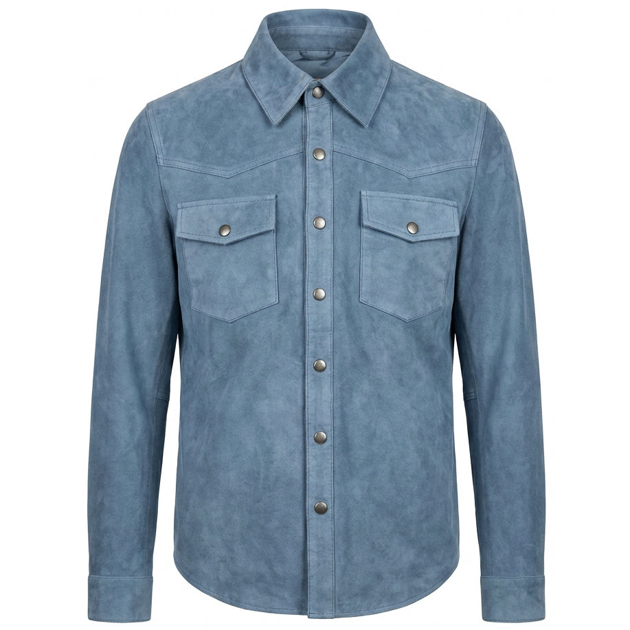 BUNERI Chaqueta Trucker Western de Ante Real de Cabra Azul Denim para Hombre - Imagen 6