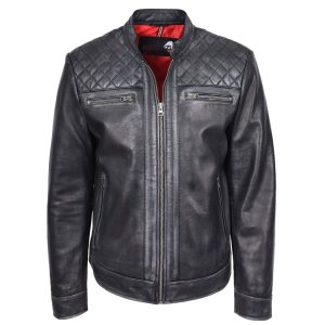 BUNERI Chaqueta Biker para Hombre de Cuero Auténtico Estilo Café Racer Negra
