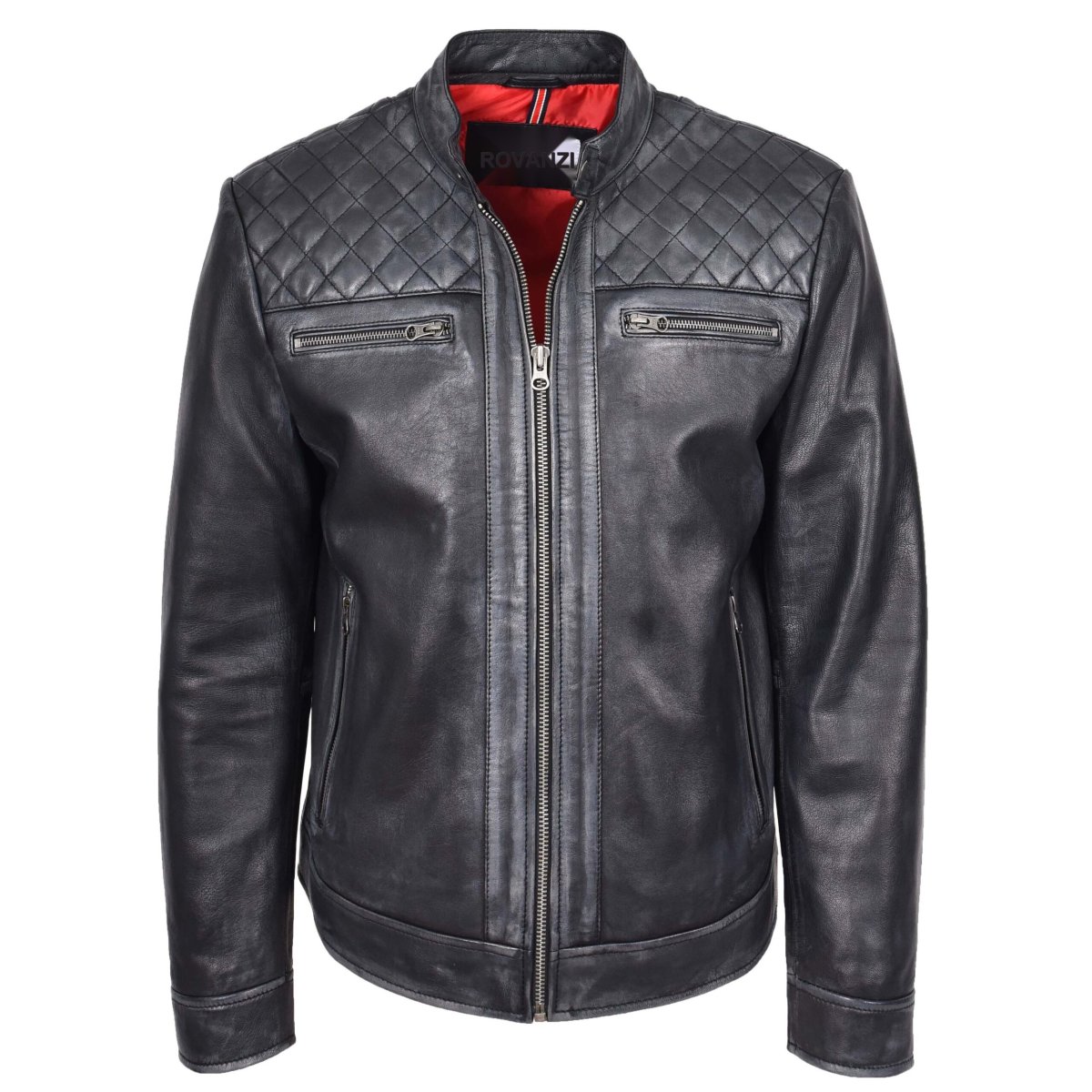 BUNERI Chaqueta Biker para Hombre de Cuero Auténtico Estilo Café Racer Negra