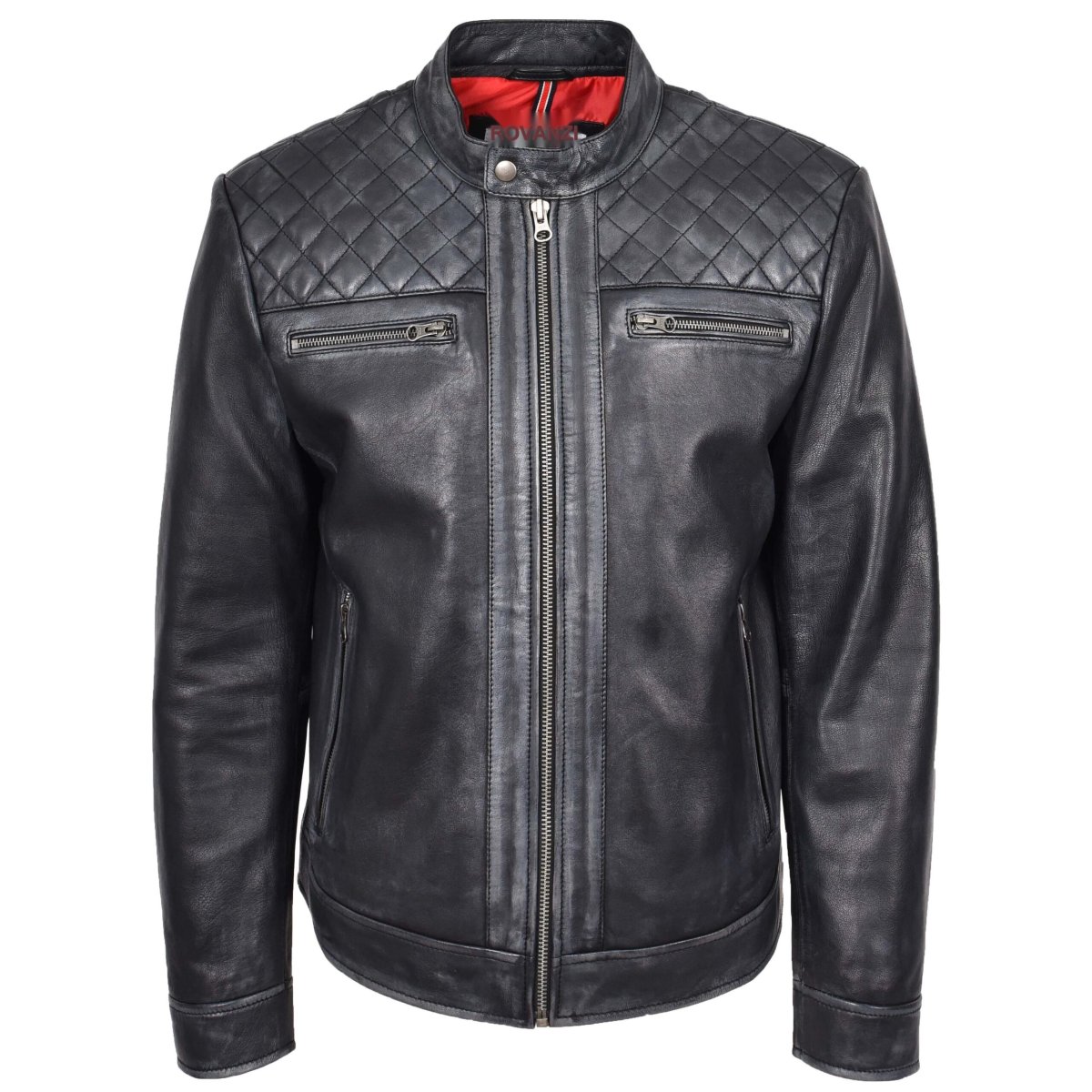 BUNERI Chaqueta Biker para Hombre de Cuero Auténtico Estilo Café Racer Negra - Imagen 4