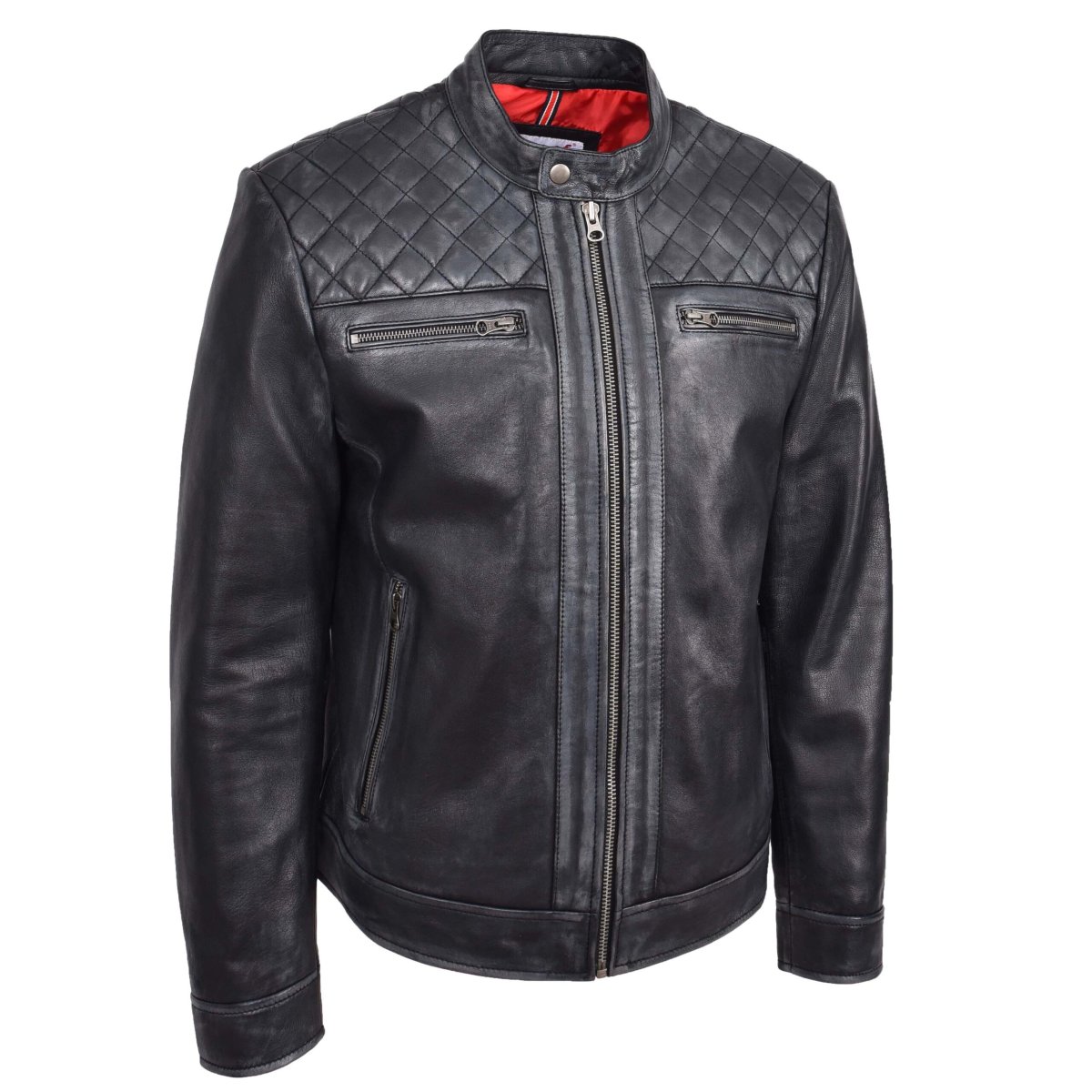 BUNERI Chaqueta Biker para Hombre de Cuero Auténtico Estilo Café Racer Negra - Imagen 5