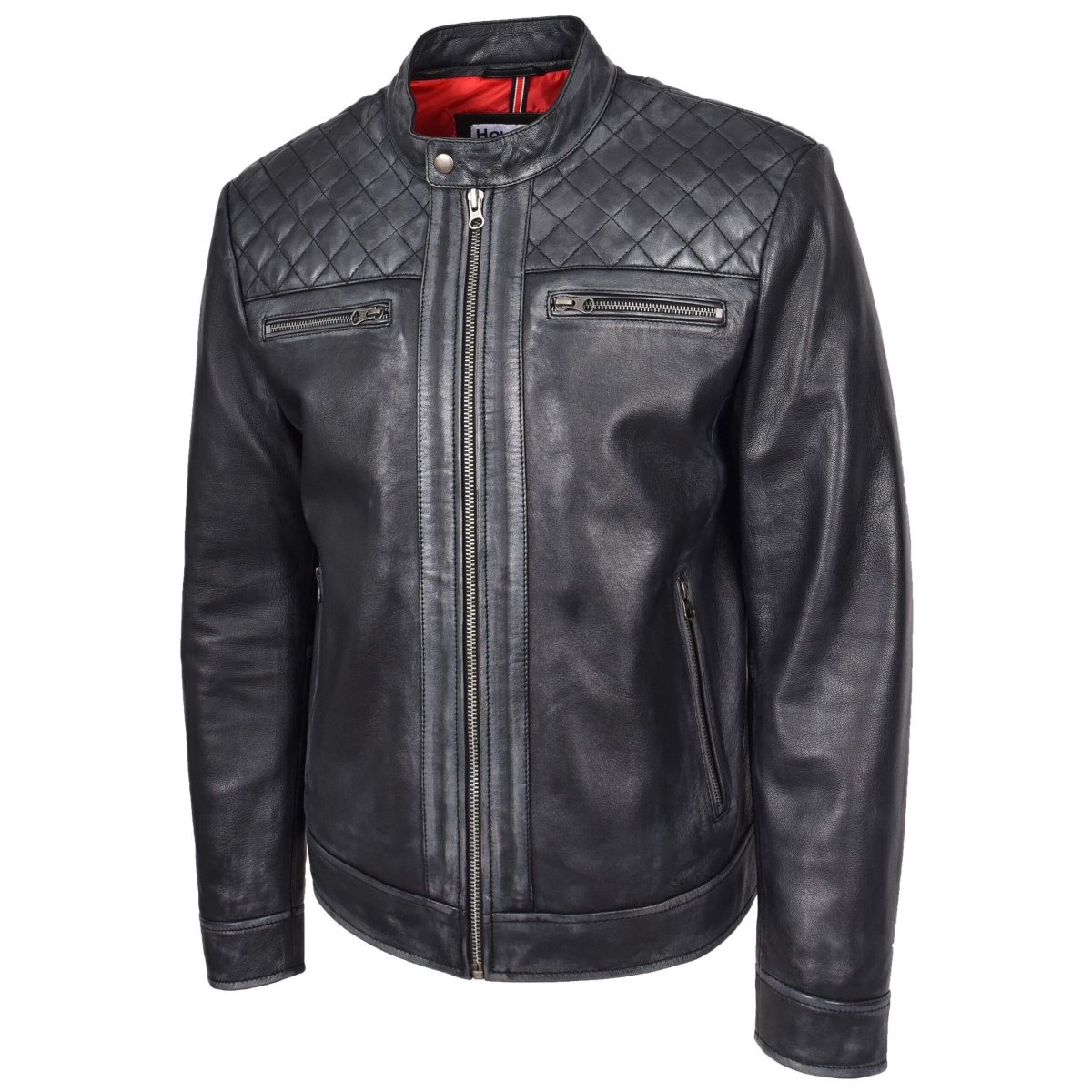 BUNERI Chaqueta Biker para Hombre de Cuero Auténtico Estilo Café Racer Negra - Imagen 6