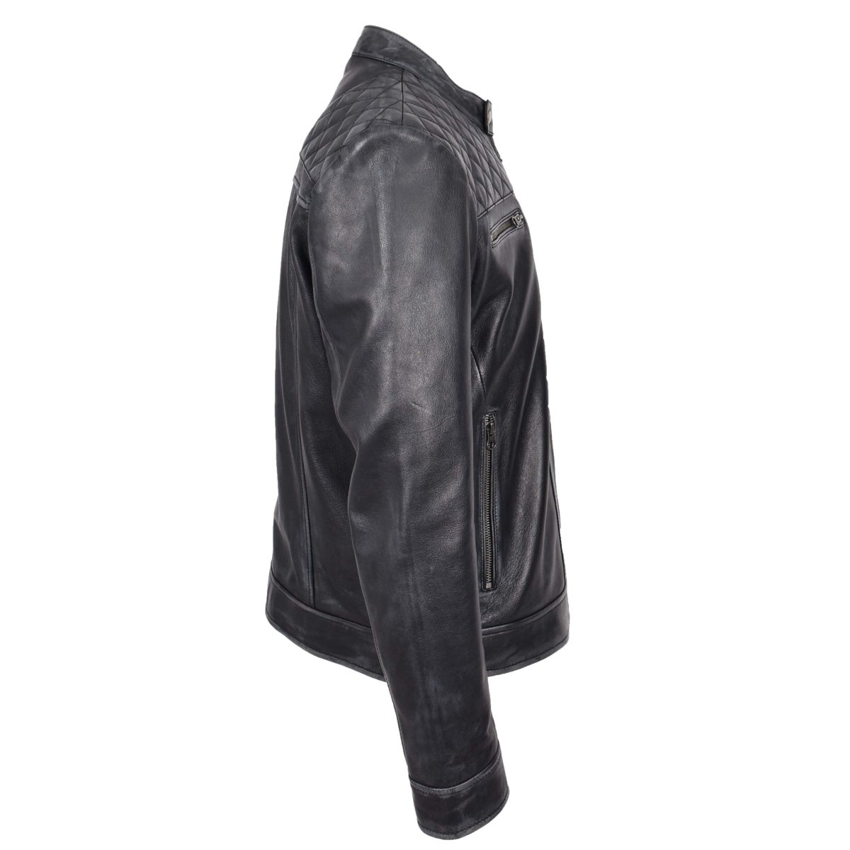 BUNERI Chaqueta Biker para Hombre de Cuero Auténtico Estilo Café Racer Negra - Imagen 7