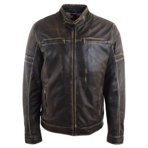 BUNERI Chaqueta Biker de Cuero Negro Efecto Vintage para Hombre