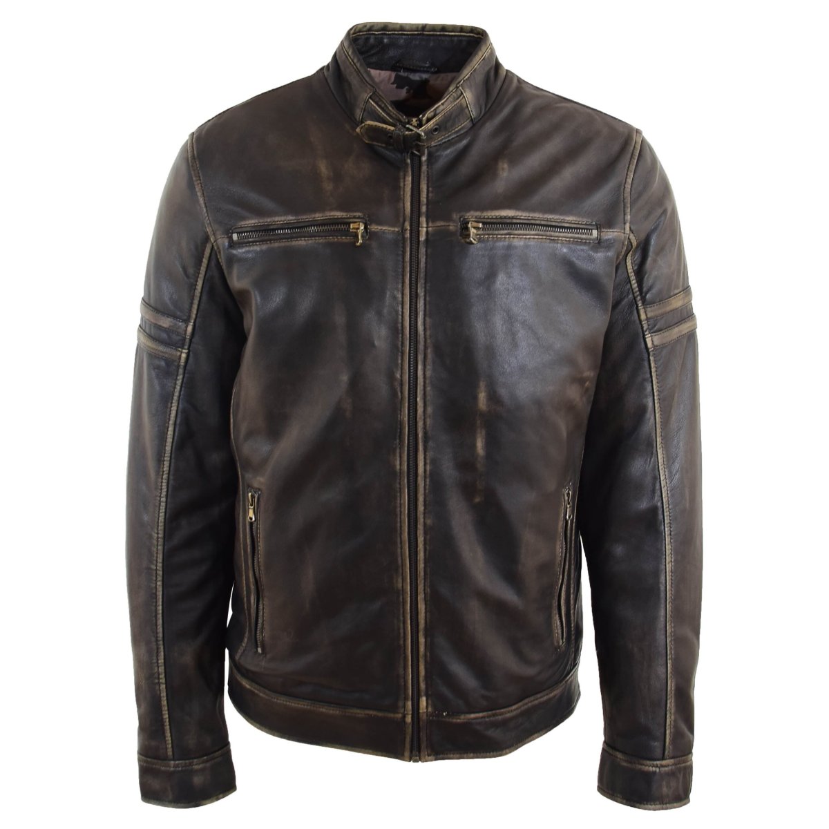 BUNERI Chaqueta Biker de Cuero Negro Efecto Vintage para Hombre