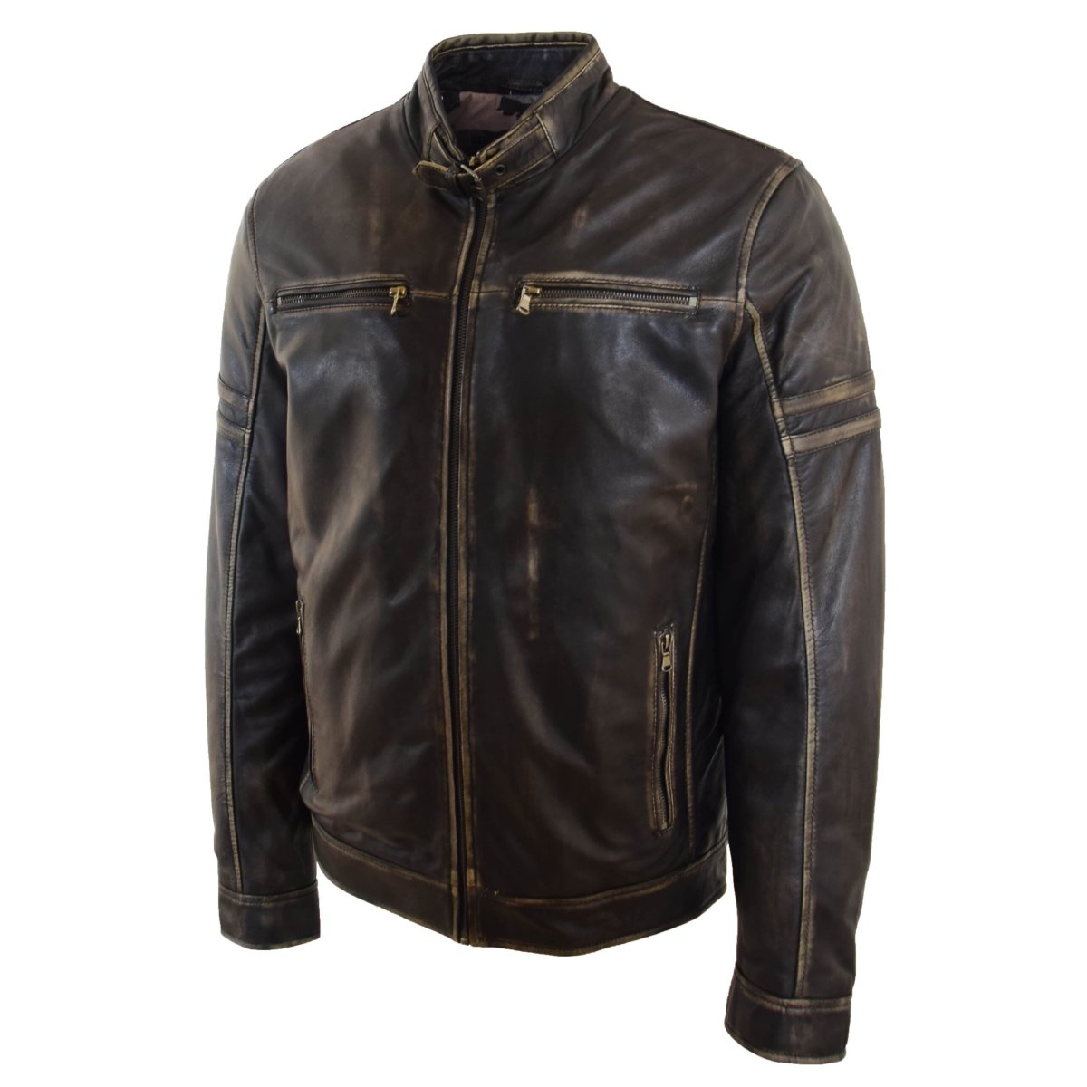 BUNERI Chaqueta Biker de Cuero Negro Efecto Vintage para Hombre - Imagen 4