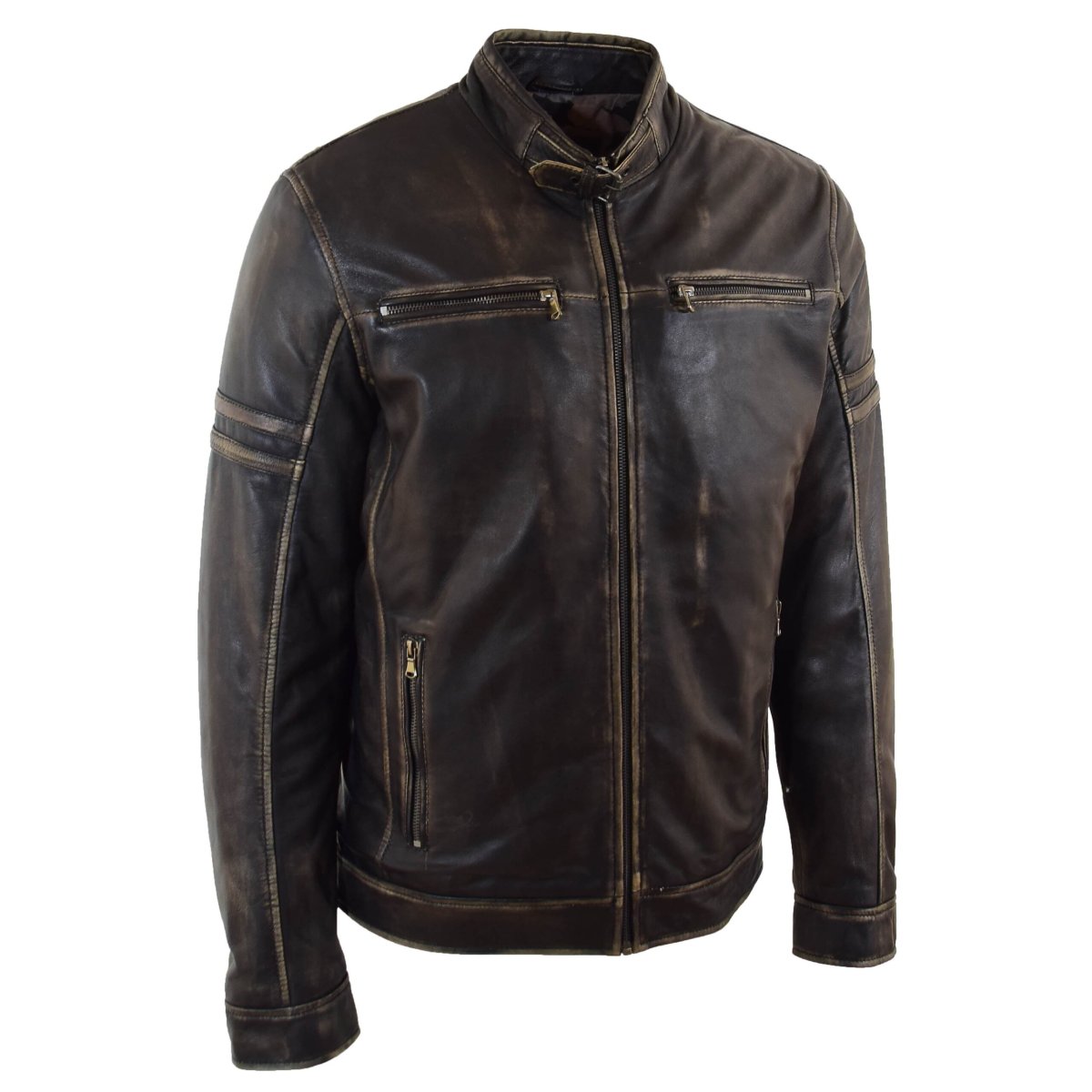 BUNERI Chaqueta Biker de Cuero Negro Efecto Vintage para Hombre - Imagen 5