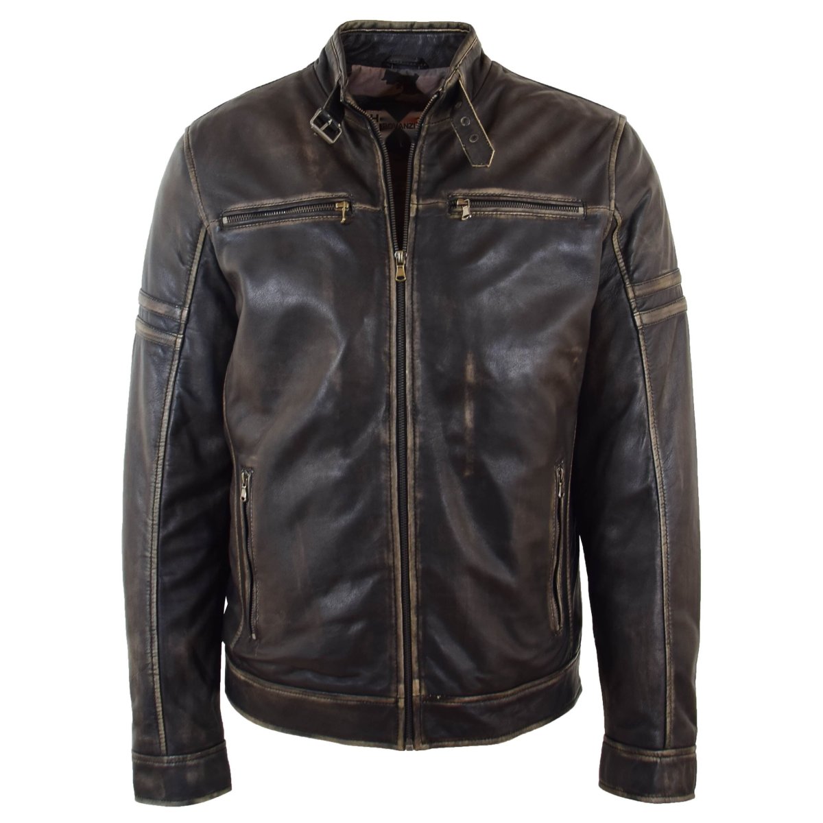 BUNERI Chaqueta Biker de Cuero Negro Efecto Vintage para Hombre - Imagen 6