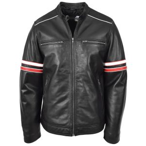 BUNERI Chaqueta Biker de Cuero Boxer Negra Cafe Racer Multi Rayas