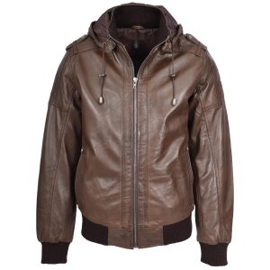BUNERI Chaqueta Bomber de Cuero Auténtico con Capucha Extraíble Marrón