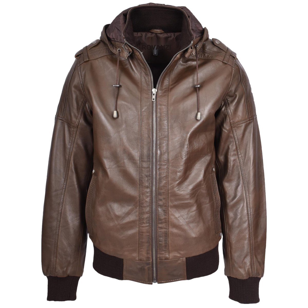 BUNERI Chaqueta Bomber de Cuero Auténtico con Capucha Extraíble Marrón