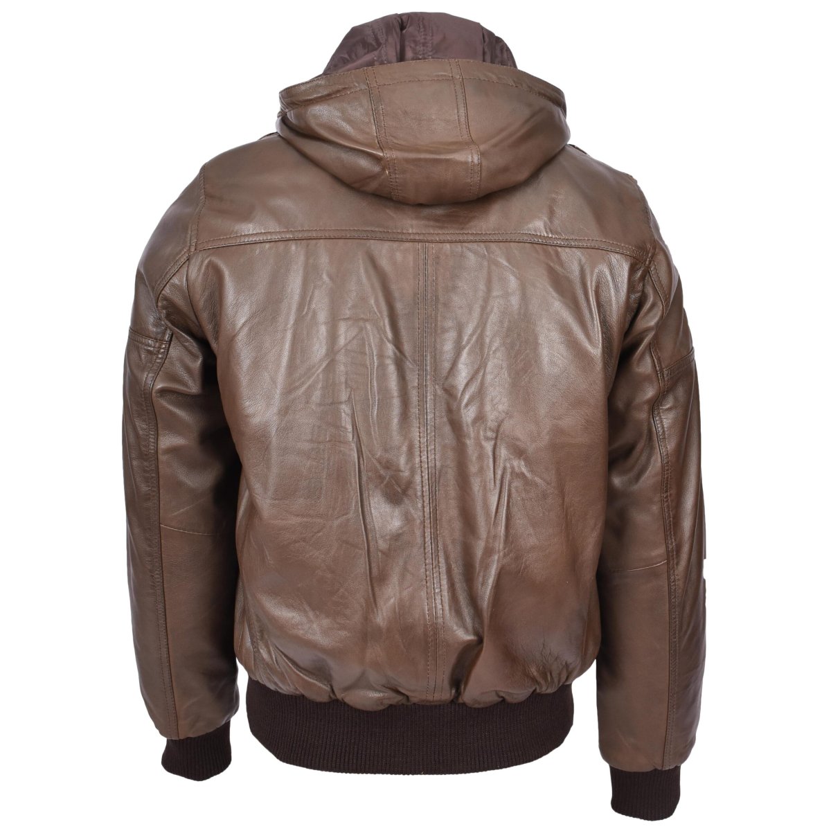 BUNERI Chaqueta Bomber de Cuero Auténtico con Capucha Extraíble Marrón - Imagen 3