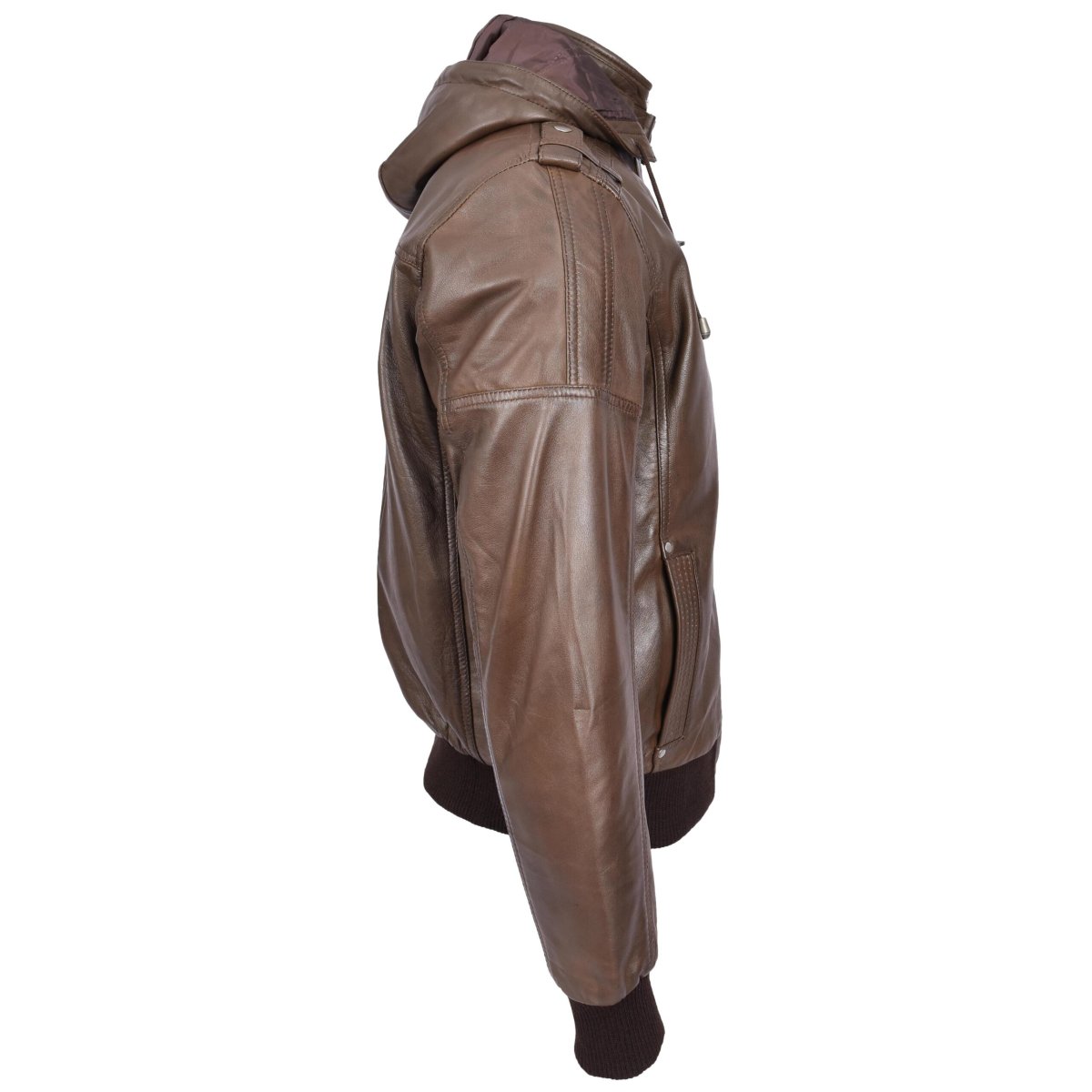 BUNERI Chaqueta Bomber de Cuero Auténtico con Capucha Extraíble Marrón - Imagen 4