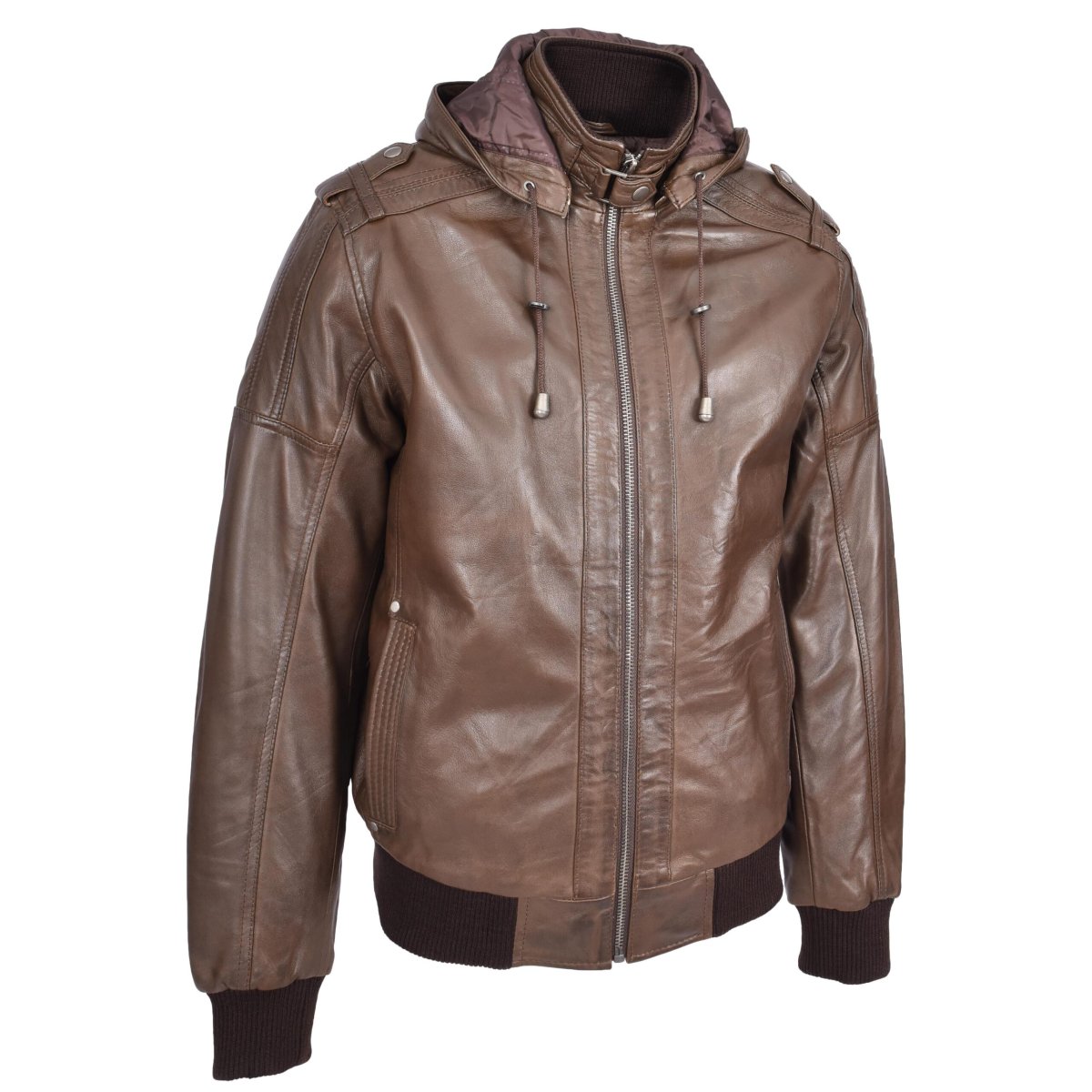 BUNERI Chaqueta Bomber de Cuero Auténtico con Capucha Extraíble Marrón - Imagen 5