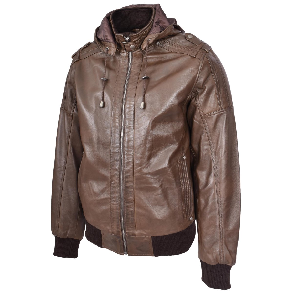 BUNERI Chaqueta Bomber de Cuero Auténtico con Capucha Extraíble Marrón - Imagen 6